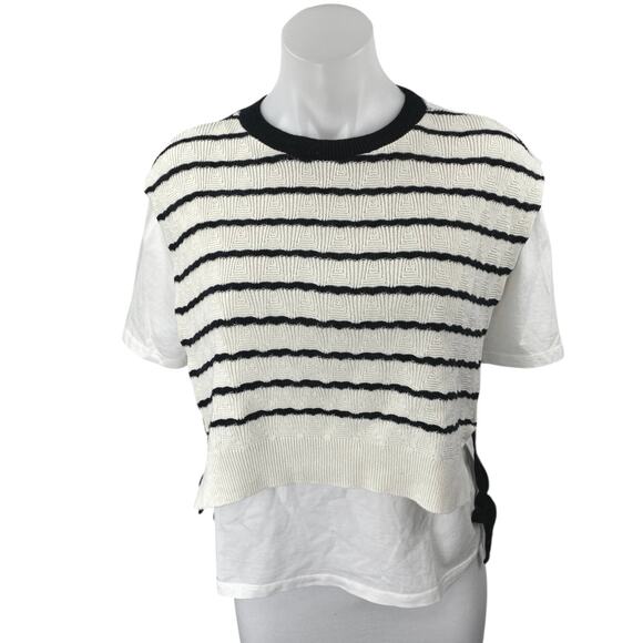 Zara Women's White Black Striped Overlay Short Sleeve Swaeter Vest Top Size M - Picture 1 of 4